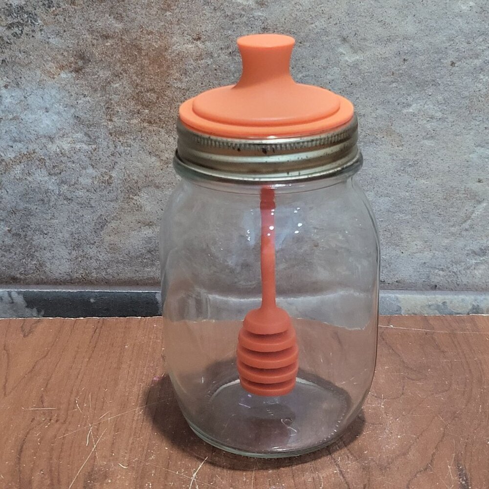 Glass Mason Honey Dipper Jar Special Lid Holds integrated Honey Dipper Wand